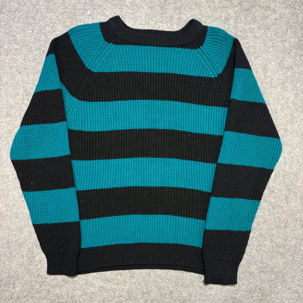 Fabriano Vintage Striped Knit Sweater Teal Black Crew Neck Raglan Mens Medium